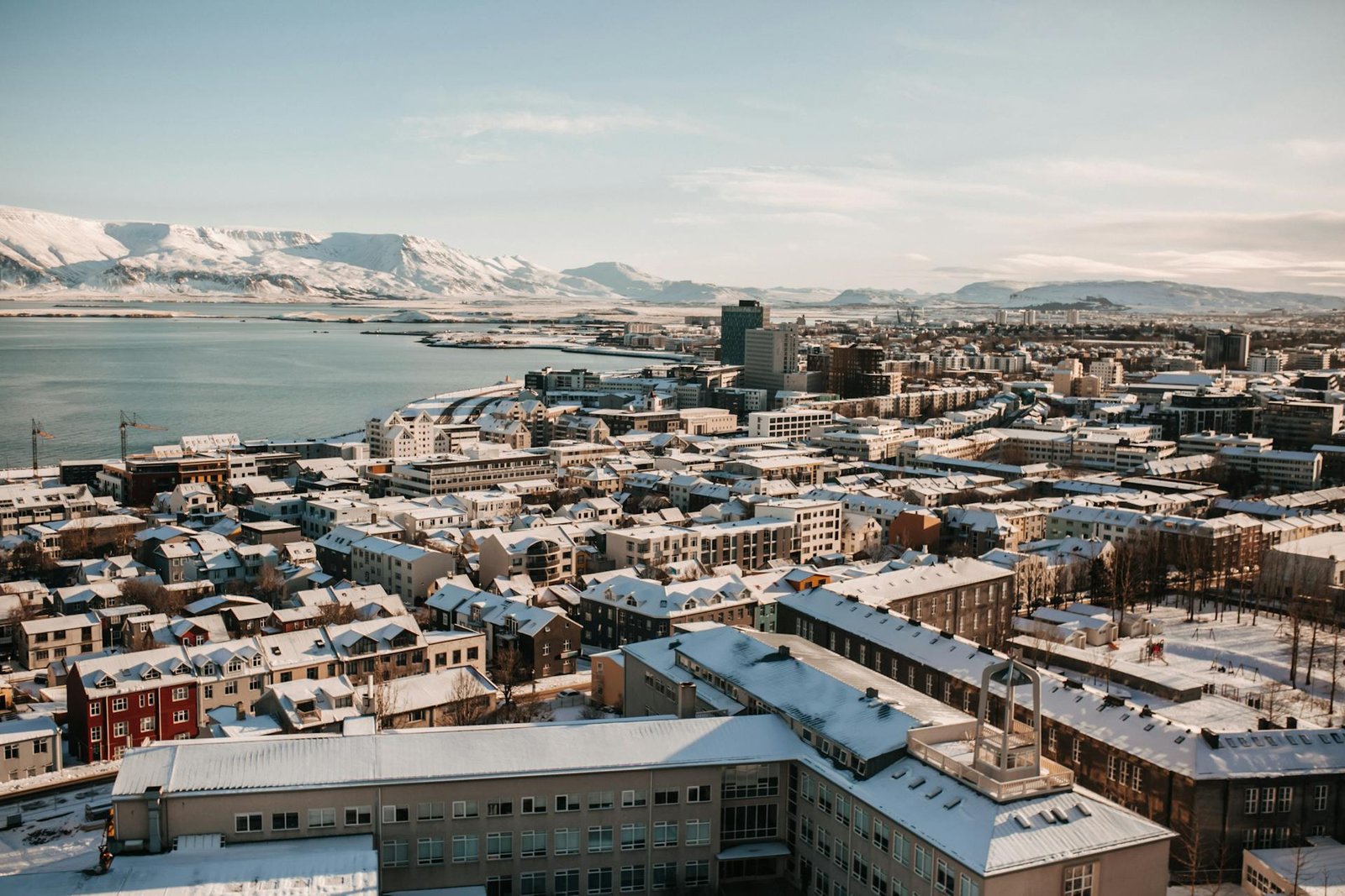Downtown Reykjavik covered in snow in the middle of winter