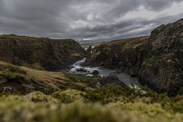 The North American and Eurasian tectontic plates pulling apart in Thingvellir National Park, Iceland